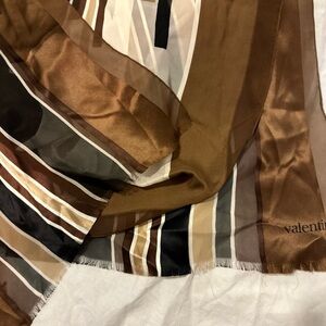 Valentino Brown, Black & Cream Striped Silk Scarf